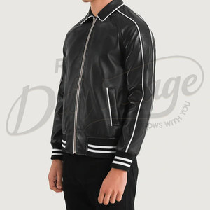 Veste bomber varsity en cuir véritable noir pour homme, poignets côtelés rayés, cuir pleine fleur de qualité supérieure, classique - Product Image 5