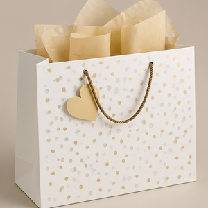 Custom Luxury White <b>Paper</b> Gift Bags with Rope Handles, Gold Polka Dot Design, Heart Tag & <b>Tissue</b> <b>Paper</b> for Retail Packaging - Product Image 1