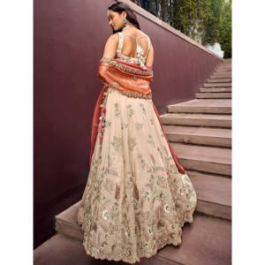 Lehenga Choli nupcial de seda suave beige bordado con corte en A y espalda ilusoria - Product Image 4
