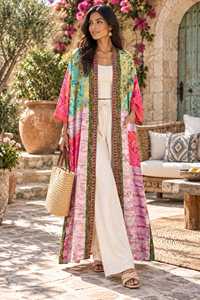 Indian Silk V-neck Patchwork Boho Robe with Drawstring Closure Breathable & Soft Long Beach <b>Cover</b>-<b>Up</b> Summer Cardigan Coat Jacket - Product Image 5