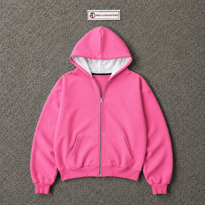 Sudadera con capucha rosa para hombre, de forro polar, con cremallera, corte regular, color liso, manga larga, diseño con bolsillos, para otoño, estilo urbano oversize - Product Image 5