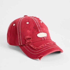 <b>Red</b> Distressed Denim Baseball Cap 6-Panel Adjustable Unisex Vintage Style Casual Hat Spring Summer Adult 58-60CM - Product Image 1
