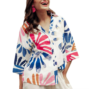 Camisa Holgada para Mujer y Blusa de Lino Teñido Liso - Camisa Hawaiana con Estampado Digital, Top Informal para Primavera, Otoño y Verano - Product Image 6