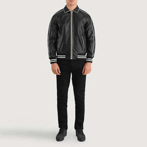 <b>Men's</b> Black Wool Varsity <b>Jacket</b> with <b>White</b> Trim Turn-Down Collar Zipper Closure Reflective Polyester/Cotton Casual Winter Wear - Product Image 2
