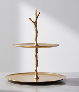 Premium Gold Metal 2 <b>Tier</b> <b>Cake</b> <b>Stand</b> with Branch Handle Organic Style Pastry Cupcake Display Serving Tray - Product Image 1