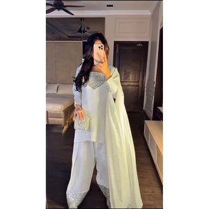 Ensemble RTC Designer White XL Top-Bottom et Dupatta avec filetage et travail de séquence - Product Image 3