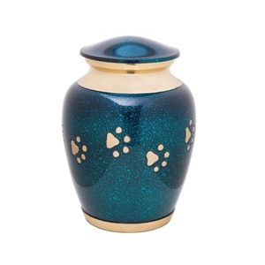 Speckled Teal Blue Brass Pet <b>Urn</b> Gold Paw Print Cremation <b>Urn</b> for Dog & <b>Cat</b> Ashes - Product Image 1