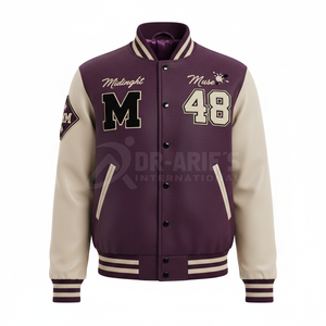 Veste universitaire pour homme, couleur crème et bordeaux, manches en cuir, broderie M48, style preppy, col rabattu, automne, grande taille - Product Image 2