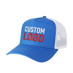 Casquette de camionneur bleue avec logo rouge et blanc # Casquette décontractée unisexe à 6 panneaux avec dos en maille réglable - Product Image 1