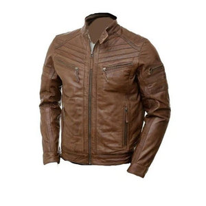 Blouson en cuir marron pour homme, style motard, café racer, avec motif, coupe ajustée, vêtement d'extérieur pour moto - Product Image 5