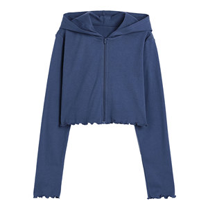 Sudadera con capucha de algodón con cremallera y puños con ribetes, lista para estampar, para mujer, estilo crop - Product Image 1