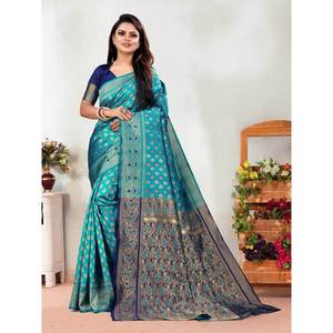 Ropa DE BODA Banarasi Seda Jacquard Trabajo Saree con blusa sin costuras Conjunto Cielo - Product Image 1
