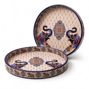 Round Patterned Serving Tray Decorative Tea Coffee Platter with Compartment for Home Dining - Product Image 1