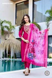 Ensemble Kurti-Pant et Dupatta en PV-Chanderi brodé, qualité export indienne, pour tenue occasionnelle. Fournisseur mondial de vêtements ethniques. - Product Image 2