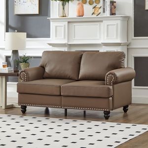 Divano a Due Posti Moderno Classico in Pelle Marrone da 151 cm, Imbottito con Borchie e Finta Pelle Bovina per Soggiorno - Product Image 3