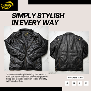 CHAMP KING เสื้อแจ็คเก็ตหนังสีดำสำหรับผู้ชาย ปกพับลงได้ ปิดด้วยซิป - Product Image 6