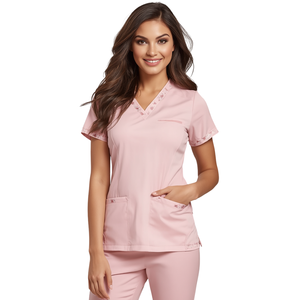 Offre Spéciale – Ensemble de Blouse et Pantalon Rose Poudré pour Femme avec Passepoil Contrastant – Tenue Médicale Premium à Prix de Gros - Product Image 1