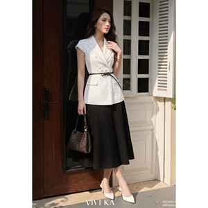 Chaleco Blazer Elegante de Tweed Blanco para Mujer, Doble Botonadura, Manga Casquillo, Oficina, Negocios, Diseño Personalizado ODM OEM ELENA - Product Image 2