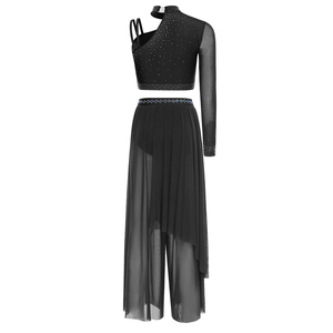 Costume de danse lyrique de style moderne, haut court à une épaule orné de strass brillants avec jupes en maille, justaucorps pour ballet et patinage - Product Image 3