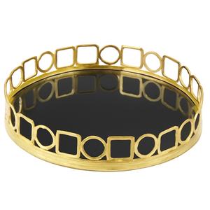 Plateau rond décoratif doré de luxe avec bordure géométrique en métal et surface miroir Décoration d'intérieur de qualité supérieure pour intérieurs modernes - Product Image 1