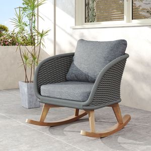Silla Mecedora de Mimbre Gris Minimalista Contemporánea de 29.5 Pulgadas con Cojines Suaves de Poliéster y Estructura de Madera Resistente para Espacios Interiores - Product Image 1