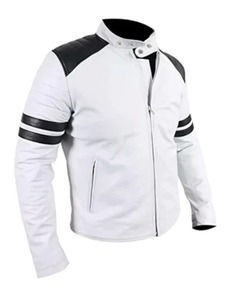 เสื้อแจ็คเก็ตหนังสีขาวลายทางสีดำสำหรับผู้ชาย - Product Image 1