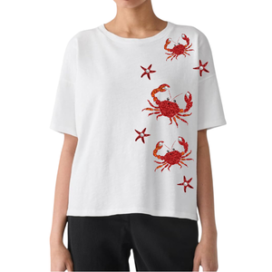 T-shirt décontracté surdimensionné 100 % coton pour femme, avec motifs joyeux « Crawfish Boil », broderies de sequins et perles, vente en gros - Product Image 1