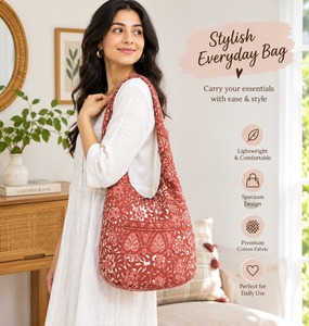 Newest Boho Style Cotton Textile Shoulder Lifestyle <b>Bag</b> With Floral Pattern Medium Size Daily Use Men & Women Travel Accessories - Product Image 2