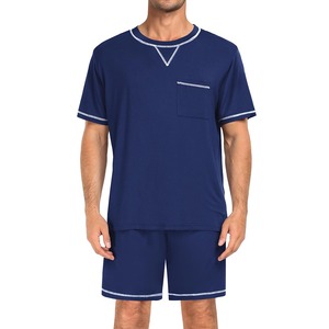 <b>Men's</b> Navy Blue Cotton Short Sleeve <b>Pajama</b> <b>Set</b> Crew Neck Casual Summer Wear Breathable Lightweight Solid Color Shorts RegularFit - Product Image 1
