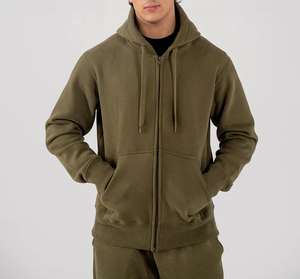 Sweat-shirt zippé à capuche vert olive pour homme, couleur unie, coupe classique, 100 % coton French Terry, décontracté, pour l'automne, personnalisable - Product Image 4