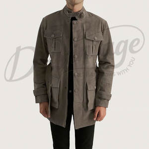เสื้อแจ็คเก็ตหนังกลับสีเทาสำหรับผู้ชาย ทรงสลิมฟิต หลายกระเป๋า มีเข็มขัด  สไตล์ซาฟารี  เสื้อโค้ทหนังแท้แนวทหาร - Product Image 1