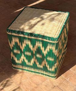 Artisan Crafted Rattan <b>Pouf</b> Green and Natural Diamond Weave Square Footstool Eco-Friendly Accent Seating for Tropical Decor - Product Image 1