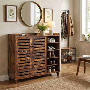 2-Door Weathered Wood <b>Shoe</b> Cabinet with 5 <b>Open</b> Compartments and Tabletop 116*35.5*107cm <b>Back</b> Panel MDF 5 <b>Open</b> Compartments - Product Image 1