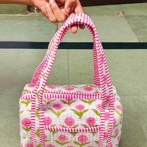 <b>Mini</b> Handmade Quilted Block Print Cotton Duffle <b>Bag</b> for Women Eco-Friendly Foldable Lightweight Travel & Weekend <b>Bag</b> Rajasthan - Product Image 1