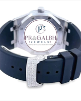 Pragalbh Jewels Vollständig mit Diamanten besetzte Luxusuhr Quarzwerk Silikonarmband Miami Cuban Link Moissanit Silber Herrenuhr