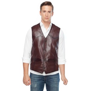 Men's Plus Size <b>Brown</b> V-Neck Leather Look <b>Vest</b> Casual Outerwear Single Breasted With Button Closure High Quality Windproof - Product Image 3