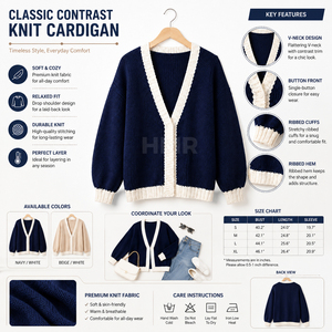 HMR Sisterhood Sorority Acrylic <b>Navy</b> Blue Knitted <b>Cardigan</b> With Cream Trim Long Sleeve Casual Open Front Sweater - Product Image 6