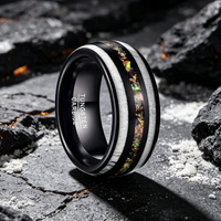 Cincin Tungsten Karbida Hitam dengan Inlay Tekstur Opal dan Tanduk Rusa, Cincin Kawin Bentuk Kubah 8mm, Perhiasan Outdoor Grosir