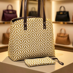 Bolso de mano con patrón geométrico para mujer, tejido, con cierre de cremallera antirrobo, bordado, gran capacidad, bolso de hombro con bolsa - Product Image 1