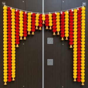 Red Yellow Marigold Toran Golden Bells Ganesha Idol Eco-Friendly Plastic Handmade Multi-Functional Puja Backdrop Home Decor - Product Image 5