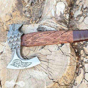 SCL Handmade Carbon Steel Industrial Grade Bearded Tomahawk Axe Head Ash Wood Handle 18-Inch Overall Length <b>Leather</b> Sheath OEM - Product Image 4