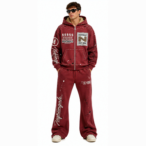 Streetwear Rhinestone Zip <b>Hoodie</b> Sweat Pants Set Acid Wash Man Oversized Oversized Fleece Tracksuit Wide Leg Streetwear Set Men - Product Image 1