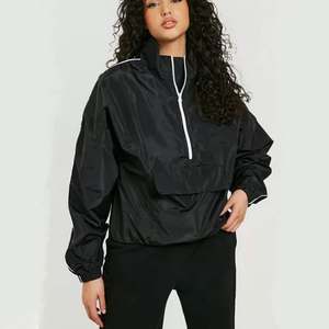 Quarter Zip <b>Black</b> Women <b>Windbreaker</b> Anorak Pullover Hooded Lightweight Sporty Jacket With Front Pocket For Training - Product Image 5