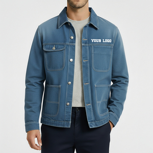 Blouson en jean pour homme, col rabattu, style universitaire vintage avec empiècements, doublure en laine, coupe-vent, décontracté, hiver, moto, délavé, longueur longue - Product Image 1