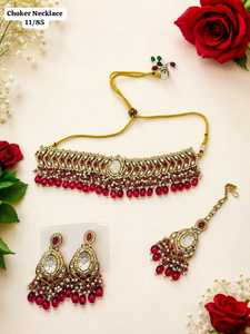 Premium Pink Kundan <b>Emerald</b> Cut Choker Necklace <b>Set</b> Antique Gold Plated Pearl Beaded Earrings Maang Tikka Indian Wedding <b>Jewelry</b> - Product Image 3
