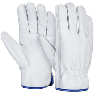 White Grain Leather Driver Work Gloves Royal Blue Hem Binding Flexible Shirred Wrist Utility <b>Cargo</b> Handling Gloves - Product Image 1