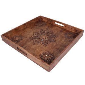 Handmade Carved Wood Serving Tray <b>Square</b> Large Wooden Platter with Handles for Coffee <b>Table</b> Ottoman Decor <b>Kitchen</b> Food Tray - Product Image 1