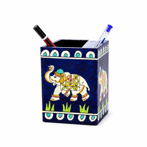 Hand Painted Wooden Rectangle Pen Stand | <b>Elephant</b> Design Desk Organizer | Handmade Back School Office Home Desktop Pencil - Product Image 1