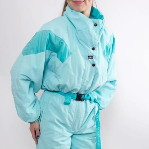 Combinaison de ski pour femme, bleu clair, à blocs de couleur, avec col montant et taille ceinturée, imperméable, une pièce, pour la neige - Product Image 5