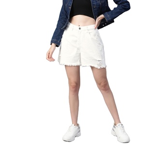 <b>White</b> High Waist Ripped Denim Shorts For Women Casual Summer Wear Button Closure Distressed Style Frayed Hem - Product Image 1